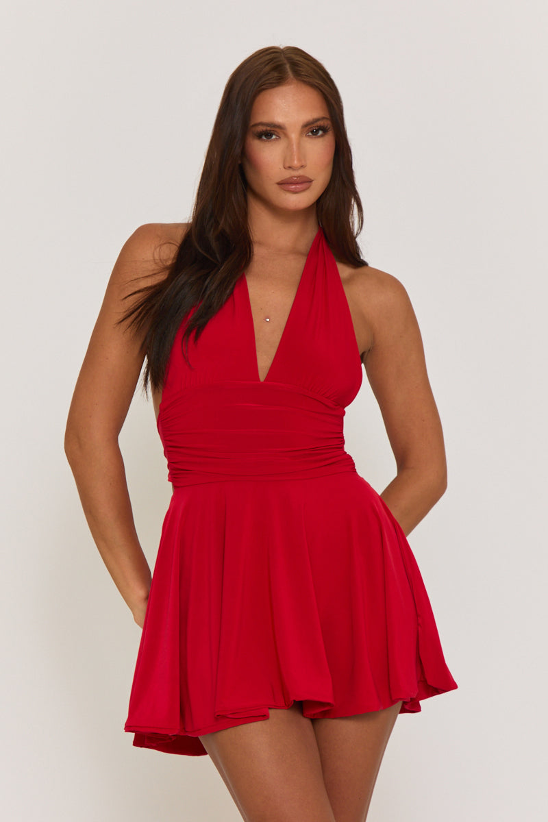 PIPPA MINI DRESS – RED HALTER PLUNGE NECK