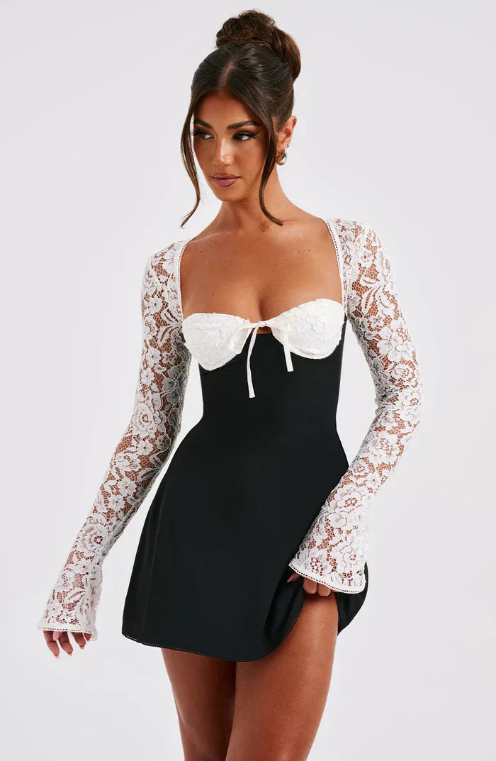 LIZA LACE MINI DRESS - BLACK/WHITE